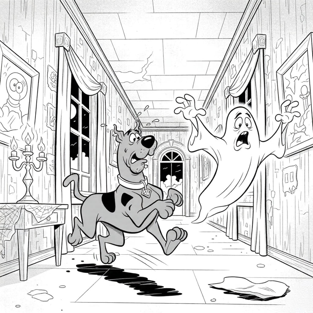 Scooby inside haunted hallway