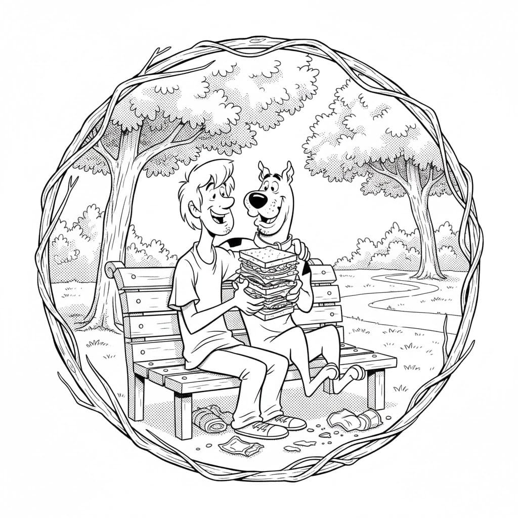 scooby and shaggy sitting on a bench