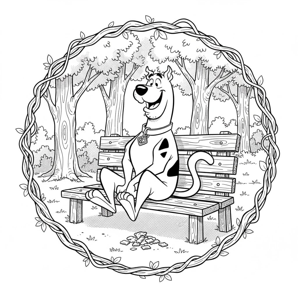 scooby sitting outside on a bench smiling